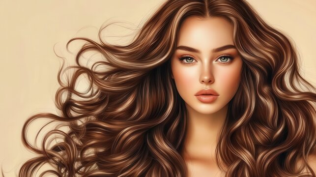 A woman with long brown hair and a tan background