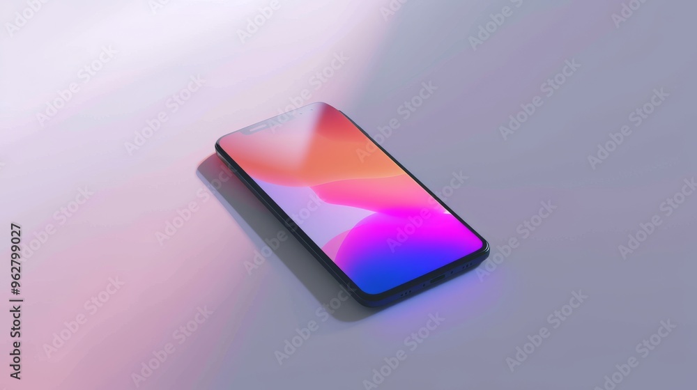 Poster close-up of a modern smartphone featuring a vibrant gradient screen, positioned diagonally on a ligh