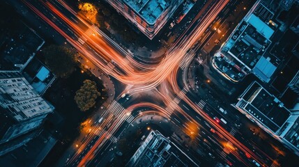 Aerial view of a busy urban intersection illuminated by vehicle lights at night.