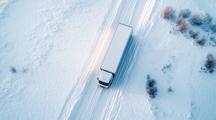 Aerial view of a truck driving on a snow-covered road through a winter landscape.