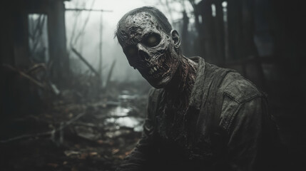 A man with a zombie face is sitting in a dark forest
