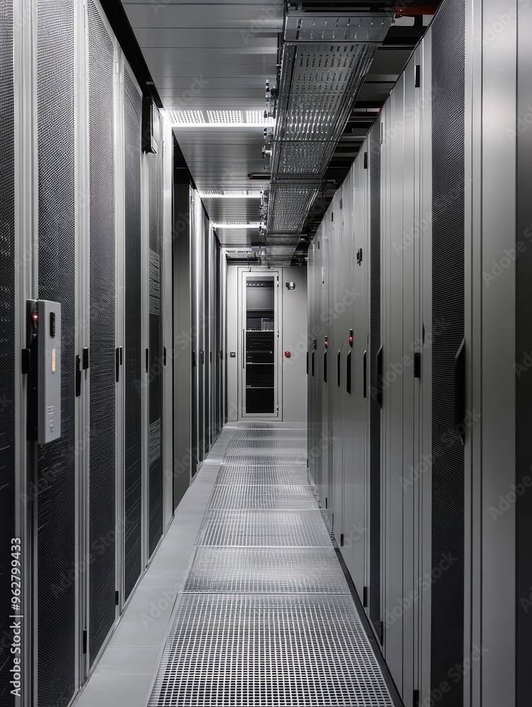 Poster a long hallway with many rows of computer servers