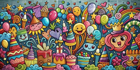 Fototapeta premium A Colorful Celebration of Fun, Birthday Party Doodle Art, Brick Wall Background, Happy Birthday Party Theme, Balloons, Cake, Party Hats