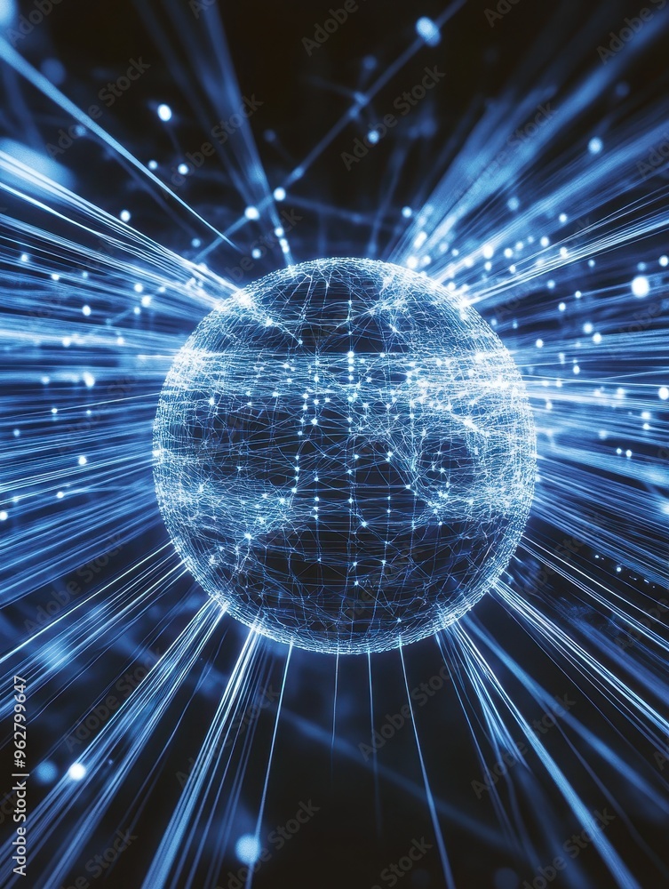 Poster a blue sphere with a lot of lines and dots surrounding it