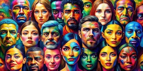 Obraz premium A Mosaic of Faces Digital Painting of Diverse Individuals, Abstract, Color, Portrait, Human, Expression, Diversity