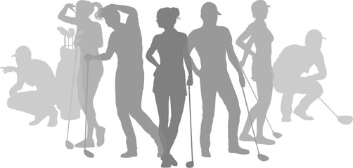 Silhouette golf player set. Active golfers golfing sports people healthy players fitness silhouettes concept.