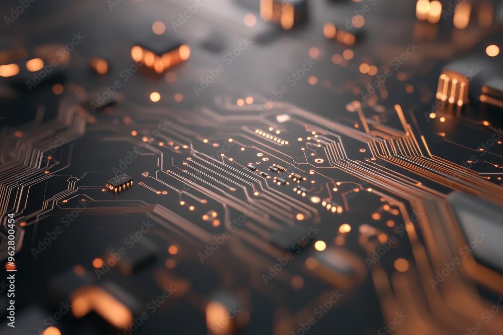 Poster intricate patterns of a glowing circuit board set against a dark, mysterious background