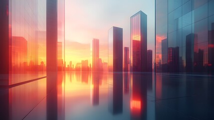 3D Illustration of a Modern City Skyline Reflected in Glass Buildings at Sunset