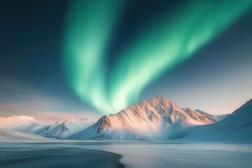 Naklejka premium Dazzling Dance of the Aurora Lights Over Majestic Snow-Capped Mountains at Sunset's Embrace