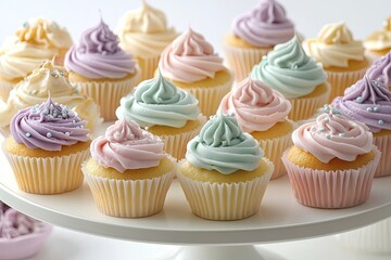 A variety of pastel - colored cupcakes with intricate icing designs, arranged on a white cake stand