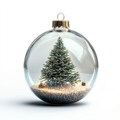 Elegant Christmas Ornament with Miniature Snow-Covered Pine Tree Inside Glass Bauble on White Background