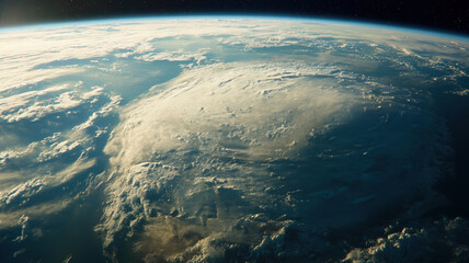 Fototapeta premium Stunning View of Earth from Space with Sun Shining on the Horizon, Highlighting the Atmosphere, Curvature, and Vastness.