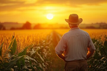 Fototapeta premium Rear view of senior farmer walking in corn field examining crop in his hands at sunset , ai