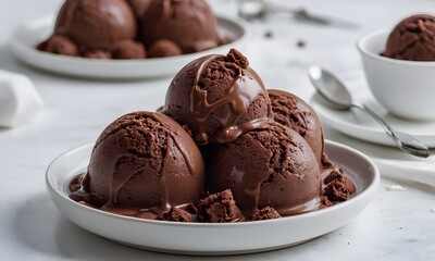 Luscious Chocolate Ice Cream on Sleek White Desk, Generative Ai
