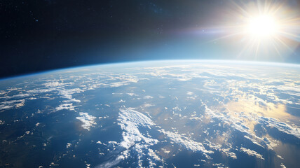Stunning View of Earth from Space with Sun Shining on the Horizon, Highlighting the Atmosphere, Curvature, and Vastness.