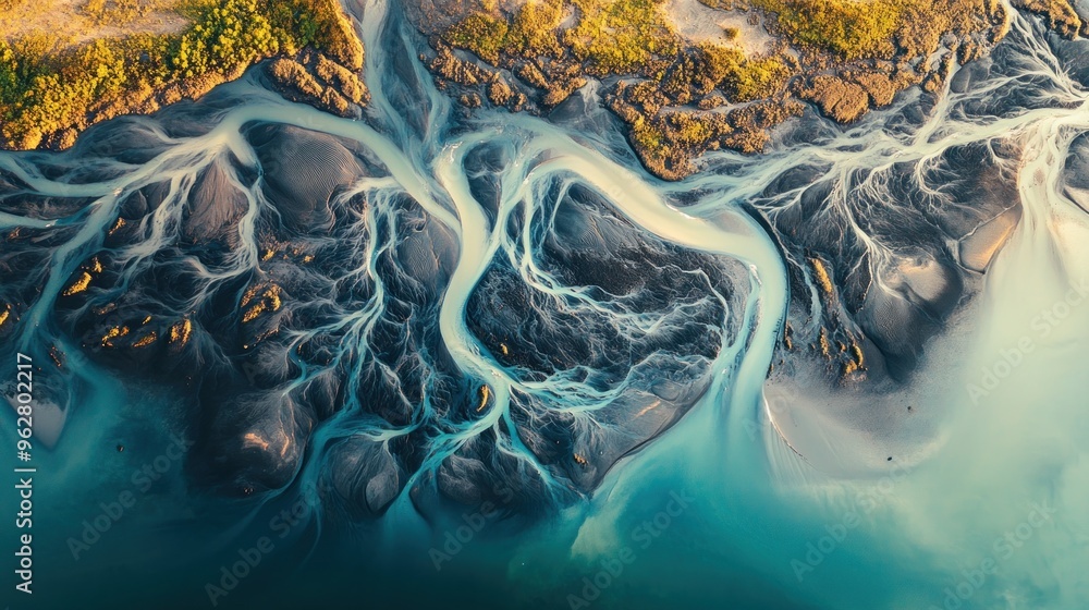 Poster aerial view of winding river deltas with vibrant colors and intricate patterns.