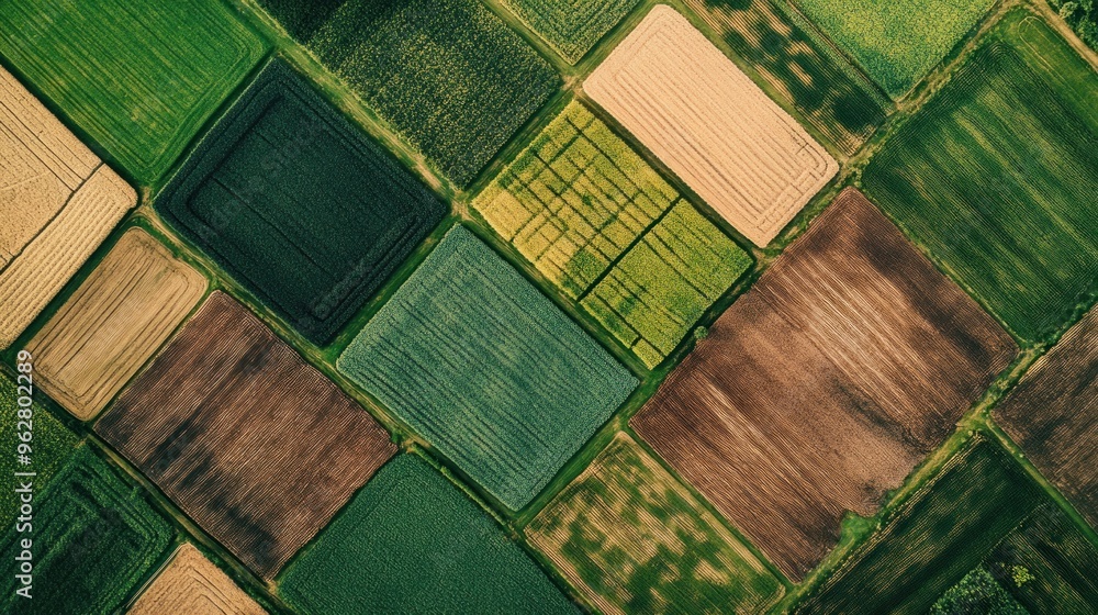 Poster aerial view of diverse agricultural fields showcasing various crop patterns and colors.