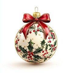 Elegant Christmas Ornament with Holly and Red Bow on White Background