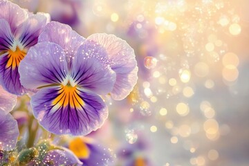 Enchanting purple pansies with sparkling dew drops