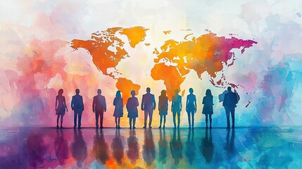 Diverse Business Team Standing in Front of Colorful World Map Background