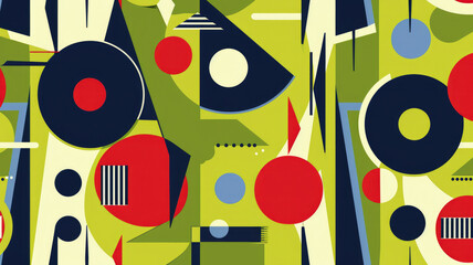 Obraz premium Abstract Bauhaus style seamless pattern with geometric shapes featuring triangles, rectangles and circles in green, red and blue