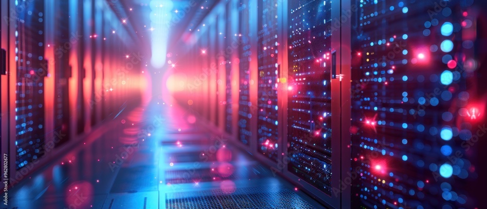 Poster a computer server room with a blue and red background
