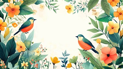 Fototapeta premium Colorful Birds and Vibrant Flowers in a Lush Garden - Nature Illustration with Bright Greenery and Floral Elements