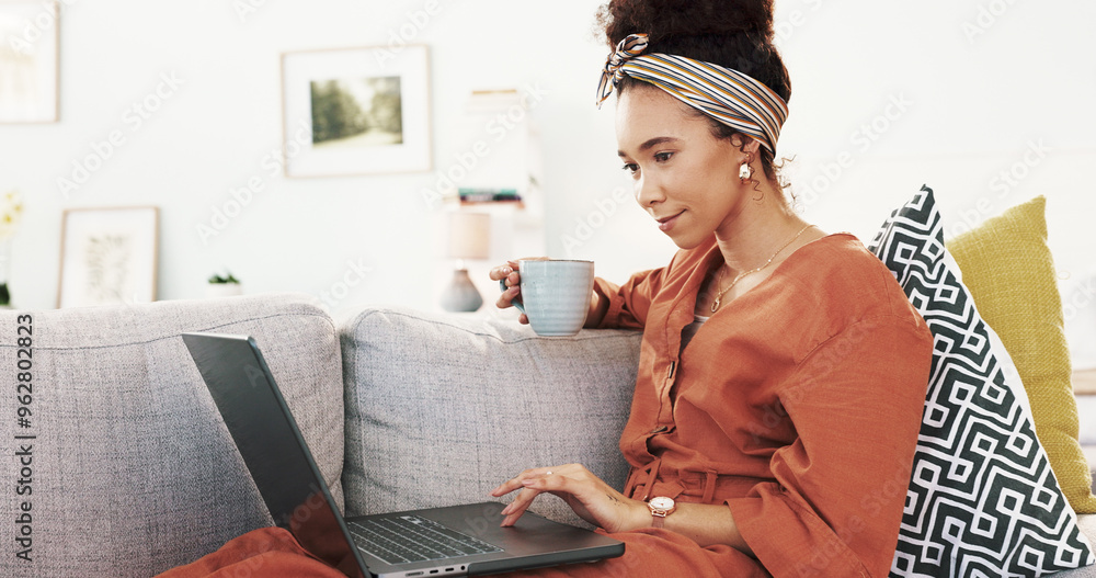Poster happy woman, coffee and relax with laptop on sofa for online browsing, research or app at home. youn