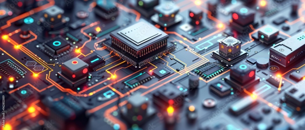 Poster a computer chip is shown in a very detailed and colorful way
