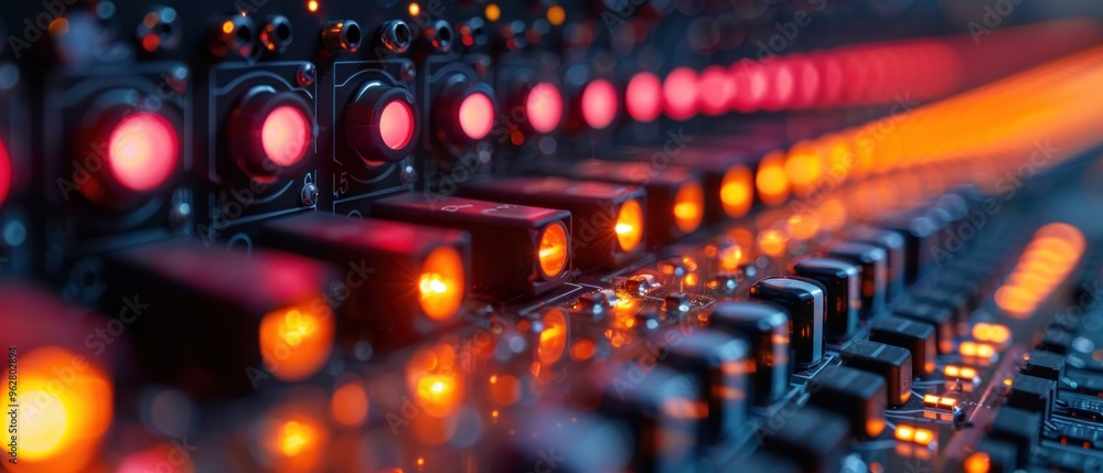 Poster a row of buttons with red lights on them