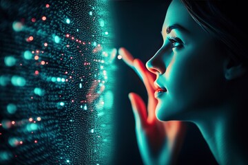 Fototapeta premium Big data analysis with AI technology. Person using machine learning and deep learning neural network for data science, data mining, business analytics, automation, data engineering. Glowing , ai