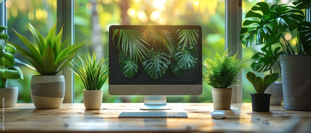 Poster a computer monitor is on a desk with several potted plants surrounding it