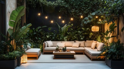 Fototapeta premium A patio with a couch and a coffee table. There are potted plants and a few lights hanging from the ceiling. Scene is cozy and inviting.