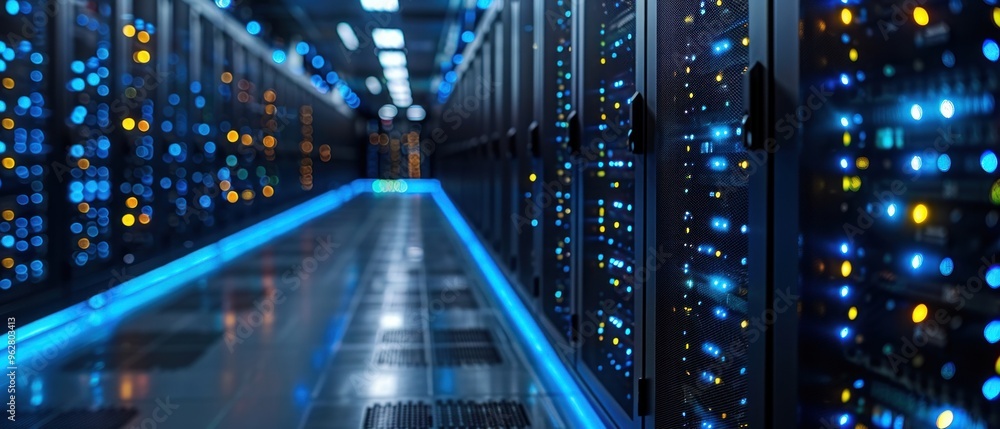 Poster a computer server room with many servers and a blue line