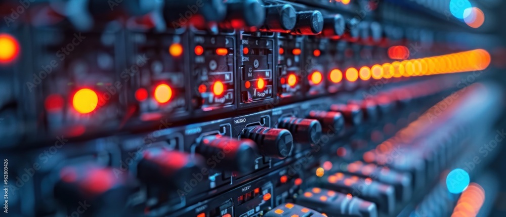 Poster a row of computer equipment with red lights on