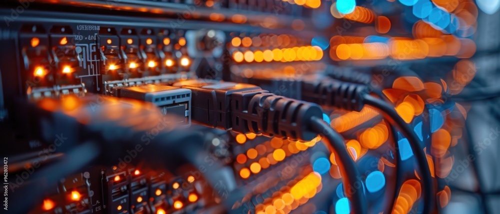 Poster a computer network with many cables and wires