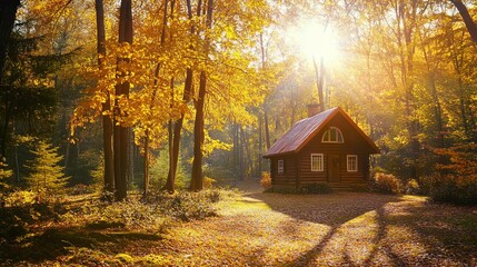 A serene autumnal forest landscape featuring vibrant, colorful foliage and a cozy sunlit cabin, basking in the warm glow of sunlight. 