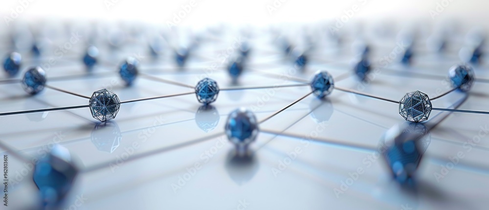 Poster a close up of many blue spheres connected by strings
