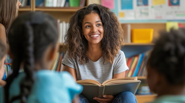 Dedicated teacher reads to engaged students in an interactive, inspiring classroom