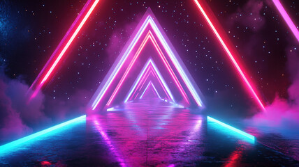 Neon Triangle Tunnel with Reflective Floor, Pink and Blue LED Lights Creating Futuristic Geometric Corridor, Abstract Sci-Fi Background with Vibrant Light Effects