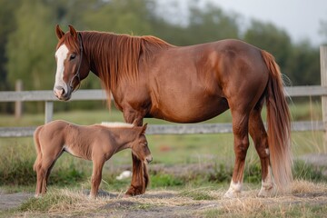 Obraz premium Mother chestnut horse with rich brown coat, white markings stands in verdant field. Young horse with lighter brown coat, white markings mirrors mother stance, focused on camera. Field green carpet