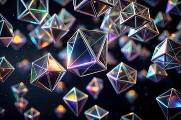 Abstract geometric shapes floating in dark space with neon colors