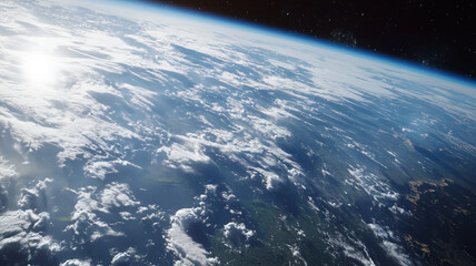 Stunning View of Earth from Space with Sun Shining on the Horizon, Highlighting the Atmosphere, Curvature, and Vastness.