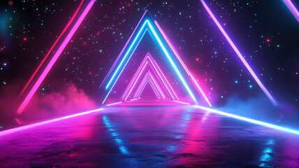 Neon Triangle Tunnel with Reflective Floor, Pink and Blue LED Lights Creating Futuristic Geometric Corridor, Abstract Sci-Fi Background with Vibrant Light Effects