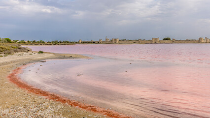 Clouds and rain over the Midi salt marshes, dead seaweed, France