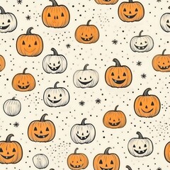 Doodle style, whimsical Halloween pattern with curvy lines, soft neutral background, tiny pumpkins and polka dots scattered throughout, light and festive