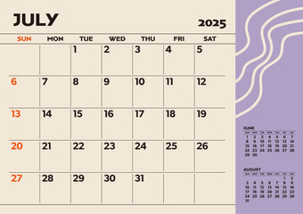 Simple desktop calendar for 2025: July, with writing space