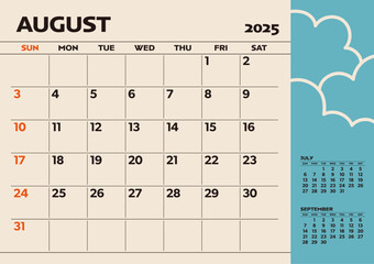 Simple desktop calendar for 2025: August, with writing space