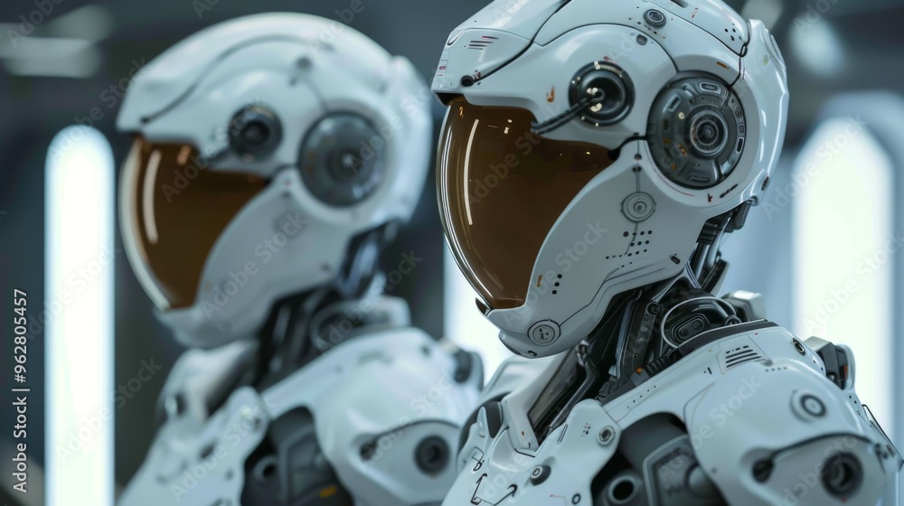 Poster two advanced humanoid robots with sleek white exteriors and orange-tinted visors standing in a high-