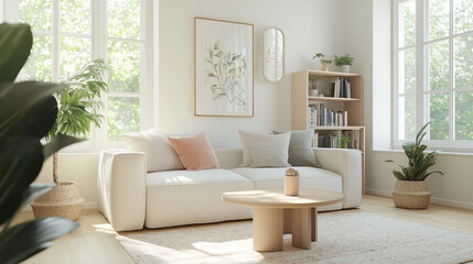 living room interior, A bright and airy living room with a design, featuring a white sofa with colored, a light wood coffee table, and a cozy rug.room is filled with natural light from large windows